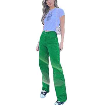 Argeousgor Y2K Jeans Baggy High Waist Denim Pants Solid Color Green Pink Teenage PantsFlared Pants Girls Streetwear