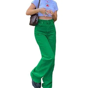 Argeousgor Y2K Jeans Baggy High Waist Denim Pants Solid Color Green Pink Teenage PantsFlared Pants Girls Streetwear