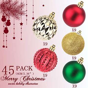45Pcs Christmas Balls Glitter Ornaments Set for Holidays