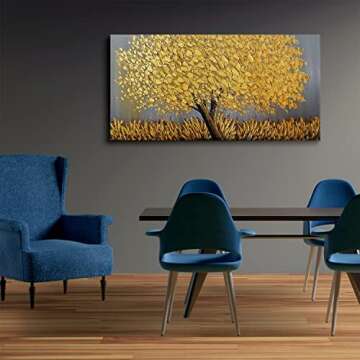 Faicai Art Thick Texture Gold Tree Paintings Canvas Wall Art Hand Oil Canvas Paintings 3D Palette Knife Canvas Artwork Wall Decor for Living Room Bedroom Office Stretched Ready to Hang 24"x48"