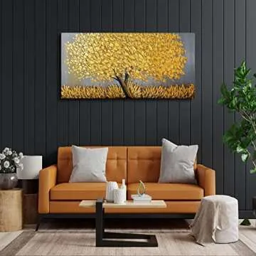 Faicai Art Thick Texture Gold Tree Paintings Canvas Wall Art Hand Oil Canvas Paintings 3D Palette Knife Canvas Artwork Wall Decor for Living Room Bedroom Office Stretched Ready to Hang 24"x48"
