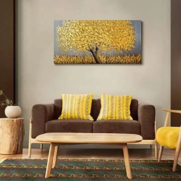 Faicai Art Thick Texture Gold Tree Paintings Canvas Wall Art Hand Oil Canvas Paintings 3D Palette Knife Canvas Artwork Wall Decor for Living Room Bedroom Office Stretched Ready to Hang 24"x48"
