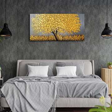 Faicai Art Thick Texture Gold Tree Paintings Canvas Wall Art Hand Oil Canvas Paintings 3D Palette Knife Canvas Artwork Wall Decor for Living Room Bedroom Office Stretched Ready to Hang 24"x48"