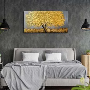 Faicai Art Thick Texture Gold Tree Paintings Canvas Wall Art Hand Oil Canvas Paintings 3D Palette Knife Canvas Artwork Wall Decor for Living Room Bedroom Office Stretched Ready to Hang 24"x48"