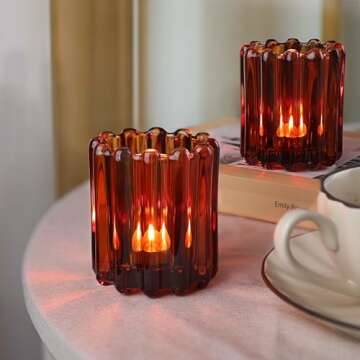HAVITI 6pcs Votive Candle Holder, Amber Glass Vintage Candle Holders, Tealight Candle Holder for Boho Fall Wedding Centerpieces Dinner Party Valentine's Day Table Decor