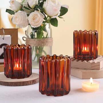 HAVITI 6pcs Votive Candle Holder, Amber Glass Vintage Candle Holders, Tealight Candle Holder for Boho Fall Wedding Centerpieces Dinner Party Valentine's Day Table Decor