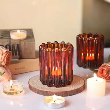 HAVITI 6pcs Votive Candle Holder, Amber Glass Vintage Candle Holders, Tealight Candle Holder for Boho Fall Wedding Centerpieces Dinner Party Valentine's Day Table Decor