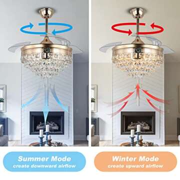 diisunbihuo 42" Modern Crystal Chandelier Ceiling Fan with Lights Gold Dimmable Fandeliers LED Invisible Fandelier Crystal Chandelier Fan 3 in 1 Color with Memory Function
