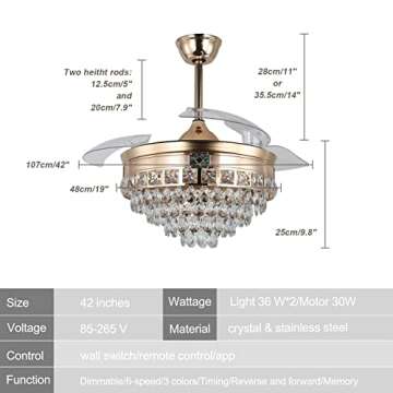 diisunbihuo 42" Modern Crystal Chandelier Ceiling Fan with Lights Gold Dimmable Fandeliers LED Invisible Fandelier Crystal Chandelier Fan 3 in 1 Color with Memory Function