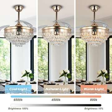 diisunbihuo 42" Modern Crystal Chandelier Ceiling Fan with Lights Gold Dimmable Fandeliers LED Invisible Fandelier Crystal Chandelier Fan 3 in 1 Color with Memory Function