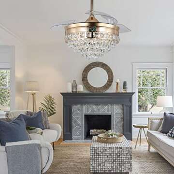 diisunbihuo 42" Modern Crystal Chandelier Ceiling Fan with Lights Gold Dimmable Fandeliers LED Invisible Fandelier Crystal Chandelier Fan 3 in 1 Color with Memory Function