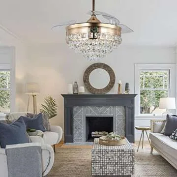 diisunbihuo 42" Modern Crystal Chandelier Ceiling Fan with Lights Gold Dimmable Fandeliers LED Invisible Fandelier Crystal Chandelier Fan 3 in 1 Color with Memory Function