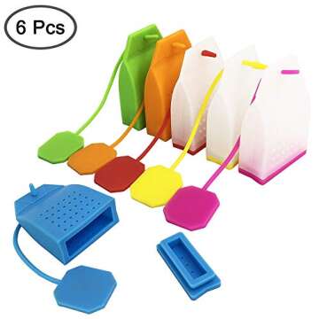 6 Pcs Silicone Tea Infusers, FineGood Reusable Safe Loose Leaf Tea Bags Strainer Filter with Long Rope - 6 Colors
