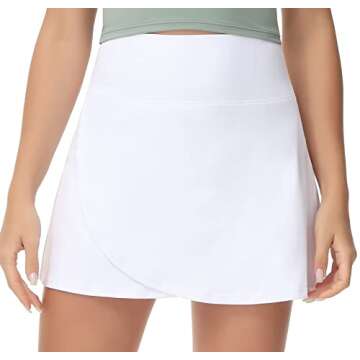 THE GYM PEOPLE Women's High Waisted Tennis Skirts Crossover Hemline Back Pleated Golf Skorts with Inner Shorts White