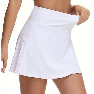 THE GYM PEOPLE Women's High Waisted Tennis Skirts Crossover Hemline Back Pleated Golf Skorts with Inner Shorts White