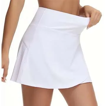 THE GYM PEOPLE Women's High Waisted Tennis Skirts Crossover Hemline Back Pleated Golf Skorts with Inner Shorts White