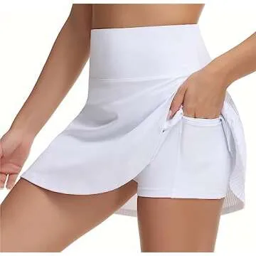 THE GYM PEOPLE Women's High Waisted Tennis Skirts Crossover Hemline Back Pleated Golf Skorts with Inner Shorts White