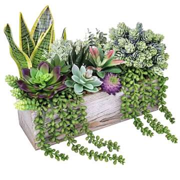 14 Pcs Assorted Artificial Succulents Fake Plants in Rectangular Wooden Pots Artificial Potted Succulents Plants Arrangement for Table Centerpiece Windowsill Shelf Mantel Tropical Greenery Decor