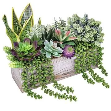 14 Pcs Assorted Artificial Succulents Fake Plants in Rectangular Wooden Pots Artificial Potted Succulents Plants Arrangement for Table Centerpiece Windowsill Shelf Mantel Tropical Greenery Decor