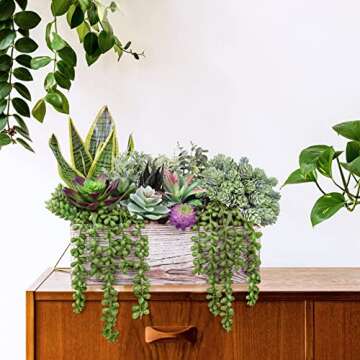 14 Pcs Assorted Artificial Succulents Fake Plants in Rectangular Wooden Pots Artificial Potted Succulents Plants Arrangement for Table Centerpiece Windowsill Shelf Mantel Tropical Greenery Decor