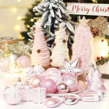 Sea Team 77-Pack Assorted Shatterproof Christmas Balls Christmas Ornaments Set Decorative Baubles Pendants with Reusable Hand-held Gift Package for Xmas Tree (Pink)