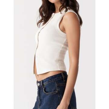 FIGKICKSEN Women’s Button Down Tank Tops Ribbed Summer Vest Button Up Open Front Sleeveless Slim Fit Crop Going Out Tops