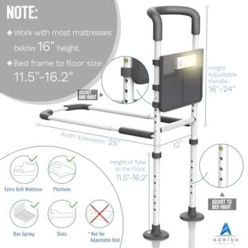 Agrish Bed Rails for Elderly Adults Safety - with Motion Light & Storage Pouch, Bedside Assist Bar with Support Legs for Seniors & Surgery Patients - Medical Bed Rail