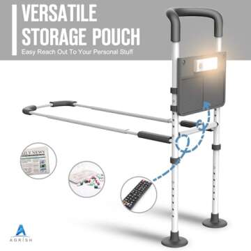 Agrish Bed Rails for Elderly Adults Safety - with Motion Light & Storage Pouch, Bedside Assist Bar with Support Legs for Seniors & Surgery Patients - Medical Bed Rail