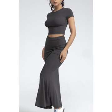 CHYRII Womens Two Piece Sets Short Sleeve Crewneck Cropped Top Bodycon Fold Over Maxi Skirt Maxi Dress Outfits Dark Grey S