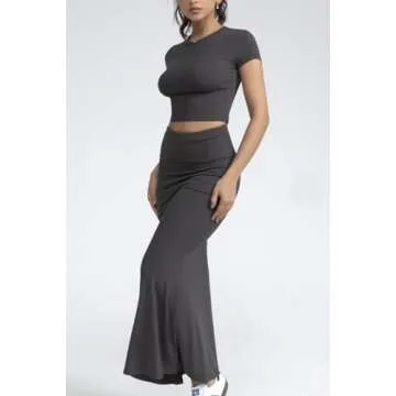 CHYRII Womens Two Piece Sets Short Sleeve Crewneck Cropped Top Bodycon Fold Over Maxi Skirt Maxi Dress Outfits Dark Grey S