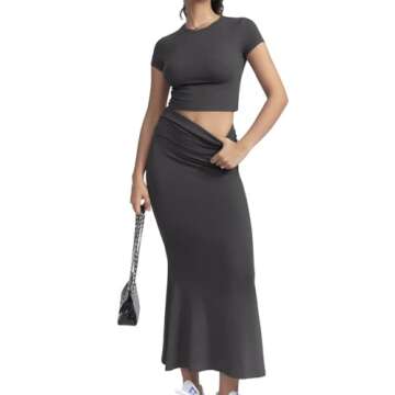 CHYRII Womens Two Piece Sets Short Sleeve Crewneck Cropped Top Bodycon Fold Over Maxi Skirt Maxi Dress Outfits Dark Grey S