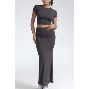 CHYRII Womens Two Piece Sets Short Sleeve Crewneck Cropped Top Bodycon Fold Over Maxi Skirt Maxi Dress Outfits Dark Grey S