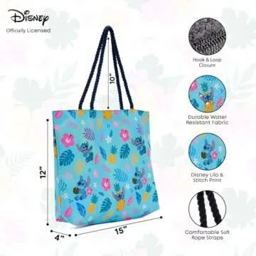 Disney Lilo & Stitch Tote Bag, Stitch Blue Hawaiian Print, Large Water-Resistant Canvas Purse, Beach Vacation Accessory Bag, Work Travel Carry-All for Women