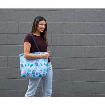 Disney Lilo & Stitch Tote Bag, Stitch Blue Hawaiian Print, Large Water-Resistant Canvas Purse, Beach Vacation Accessory Bag, Work Travel Carry-All for Women