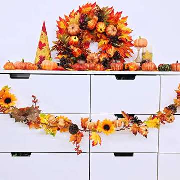 2 Pack Fall Maple Leaf Garland - 6ft/Piece Artificial Berries Sunflower Pumpkin Autumn Garland Decoration for Wedding Party Thanksgiving Dinner Fireplace Door Frame Doorway Backdrop Decor