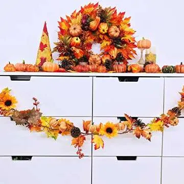 2 Pack Fall Maple Leaf Garland - 6ft/Piece Artificial Berries Sunflower Pumpkin Autumn Garland Decoration for Wedding Party Thanksgiving Dinner Fireplace Door Frame Doorway Backdrop Decor
