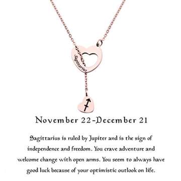 ENSIANTH Rose Gold Zodiac Signs Heart Necklace Stainless Steel Lariat Y Necklace Best Birthday Gift (Sagittarius)