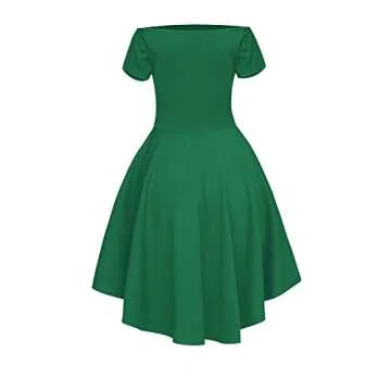 Sidefeel Women Off Shoulder Short Sleeve High Low Skater Dress Small Green