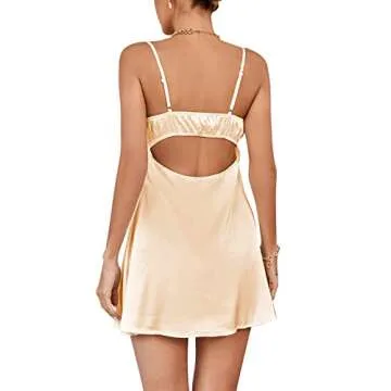 Rooscier Women's Spaghetti Strap Lace Satin Slip Nightwear Sexy Party Mini Dress Champagne Medium