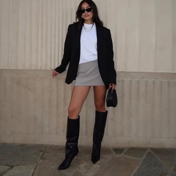 Modatope Tall Black Boots for Women Knee-High Boots Wide Calf Kitten Heel Black Long Boots for Women Dress Pointed Toe Stiletto Fall Leather Below Knee Boots Size 7.5