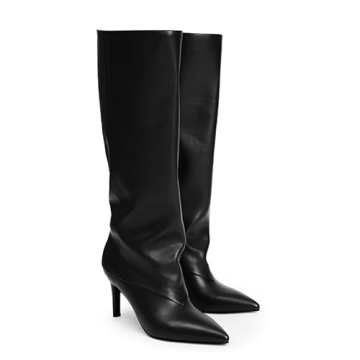 Modatope Tall Black Boots for Women Knee-High Boots Wide Calf Kitten Heel Black Long Boots for Women Dress Pointed Toe Stiletto Fall Leather Below Knee Boots Size 7.5