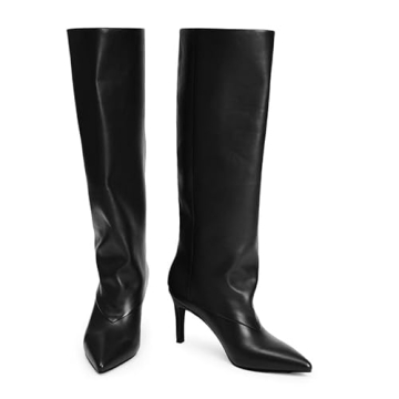 Modatope Tall Black Boots for Women Knee-High Boots Wide Calf Kitten Heel Black Long Boots for Women Dress Pointed Toe Stiletto Fall Leather Below Knee Boots Size 7.5