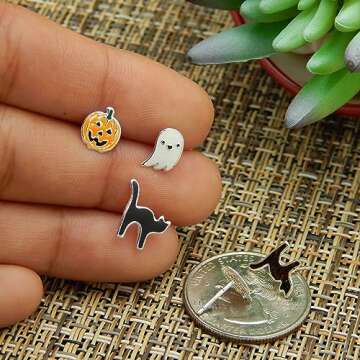 ICYROSE 925 Sterling Silver NEW Set of 3 Pairs Halloween Ghost Black Cat and Jack Pumpkin Stud Earrings (Nickel Free)