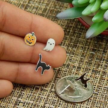 ICYROSE 925 Sterling Silver NEW Set of 3 Pairs Halloween Ghost Black Cat and Jack Pumpkin Stud Earrings (Nickel Free)