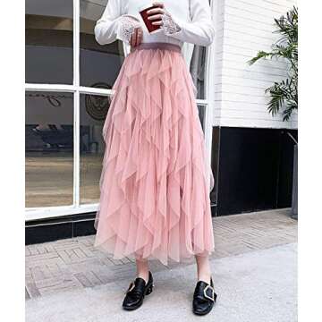 Femiserah Women's Long Rainbow A Line Tulle Tutu Skirts Tiered Skirt Petticoat（One Size, Tulle Pink