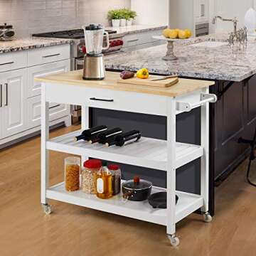 Yaheetech Kitchen Island Utility Cart with Drawer and Storage Shelves, Trolley Cart with Bamboo Top ...