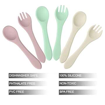 PandaEar Silicone Baby Spoon and Fork Set| 6 Pack First Stage Baby Self Feeding Spoons 6+ Months| To...