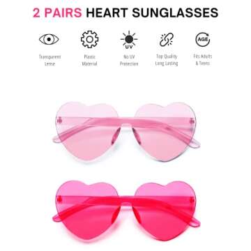 4E's Novelty Heart Shaped Sunglasses for Women (2 Pack) - Cute Pink Heart Sunglasses for Parties, Festivals Sunglasses Party Favors, Valentines Costume Sunglasses, Hot Pink Accessories for Women