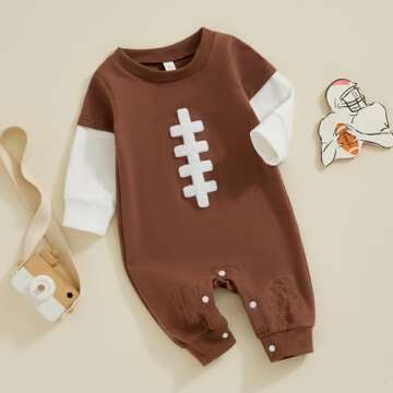 Lamuusaa Newborn Baby Boy Football Outfit Long Sleeve Football Embroidery Romper One Piece Bodysuit Jumpsuit 0-18M (Light Brown, 6-12 Months)
