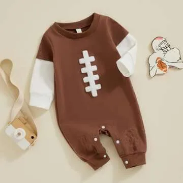 Lamuusaa Newborn Baby Boy Football Outfit Long Sleeve Football Embroidery Romper One Piece Bodysuit Jumpsuit 0-18M (Light Brown, 6-12 Months)